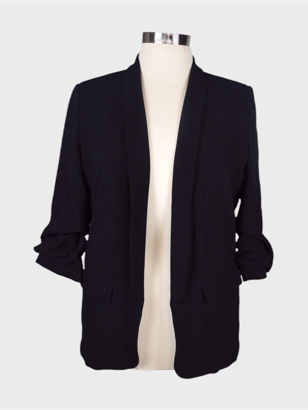 Zara Woman Black Ruched Sleeve Open Front Blazer